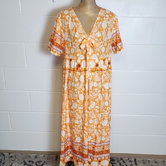 Orange and White Border Print Empire Waist Cool Loose Dress V-neck Pockets - Picture 1 of 16